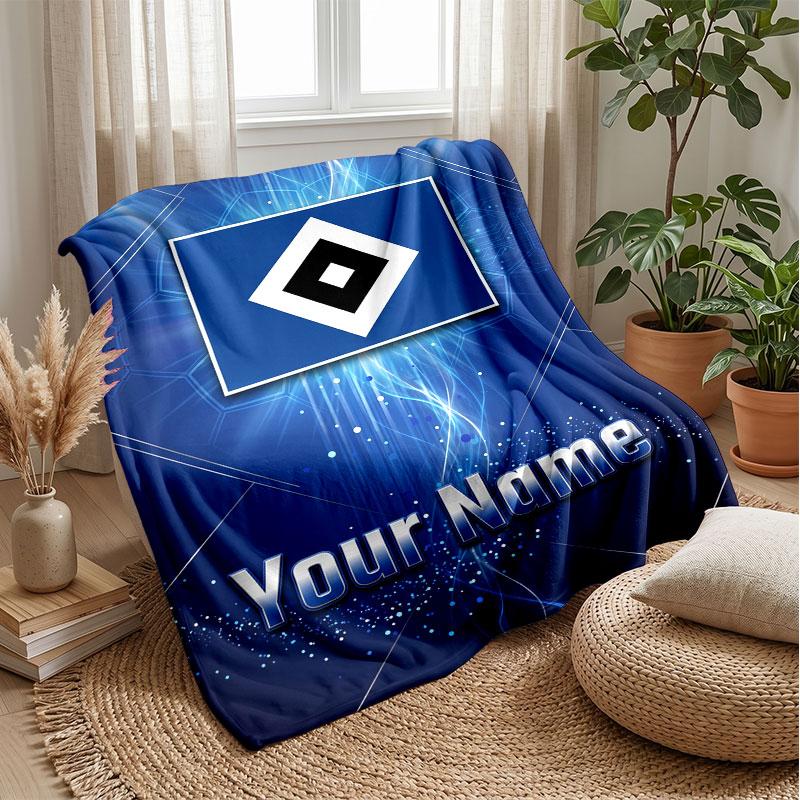 Hamburger SV Custom Name Text Flannel Blanket Soccer Logo Personalized Fleece Throw Blanket Special Gift For Sofa Bedroom Home