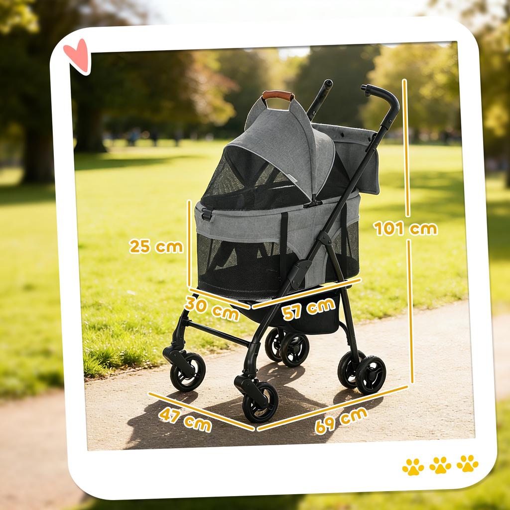 Dog Stroller, 3-in-1, Detachable, Foldable, Removable Bassinet, Suspension, Grey