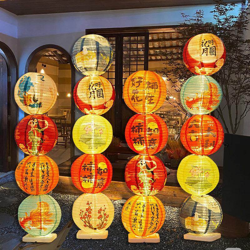 20cm Chinese Style Printed Round Lantern Waterproof Cloth Outdoor Decor Hanging Lantern For New Year Wedding Festival Decoration