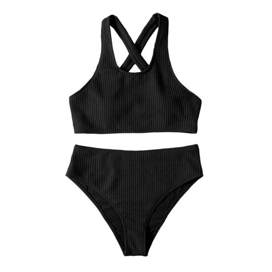 2Pcs/Set Women Bikini Set U-Neck Sleeveless Removable Padding Bra High Waist Swimming Trunks Set Ribbed