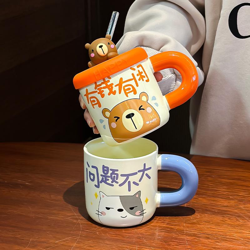 Ceramic Cute Bear Water Cup Straw Cup With Lid Ceramic Coffee Mug Beer Christmas Cups Funny Mugs Personalized Gift Drinkware Bar