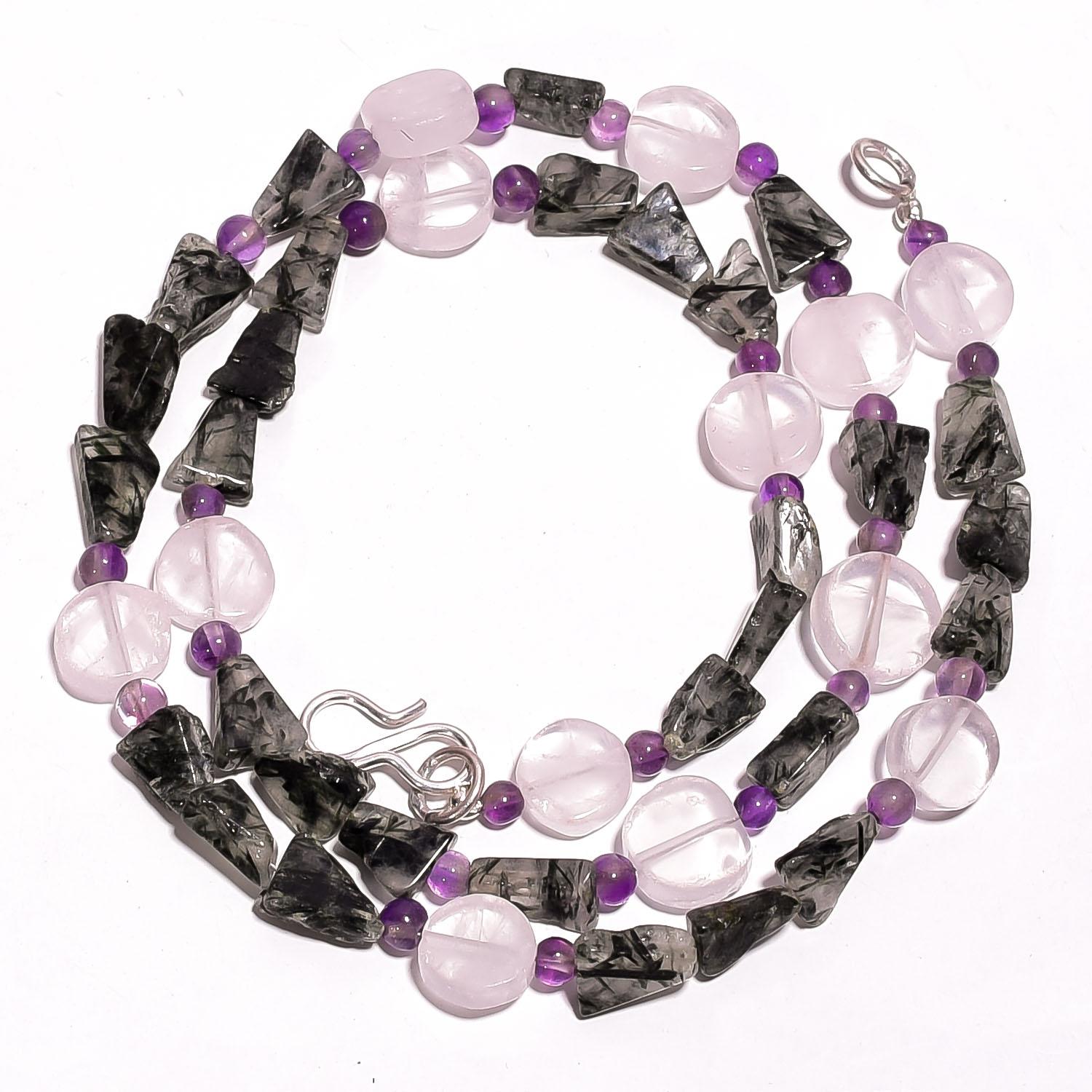 

Natural Green Rutile & Rose Quartz Amethyst Gemstone Beads Necklace 17 UB-2874 UB-2874
