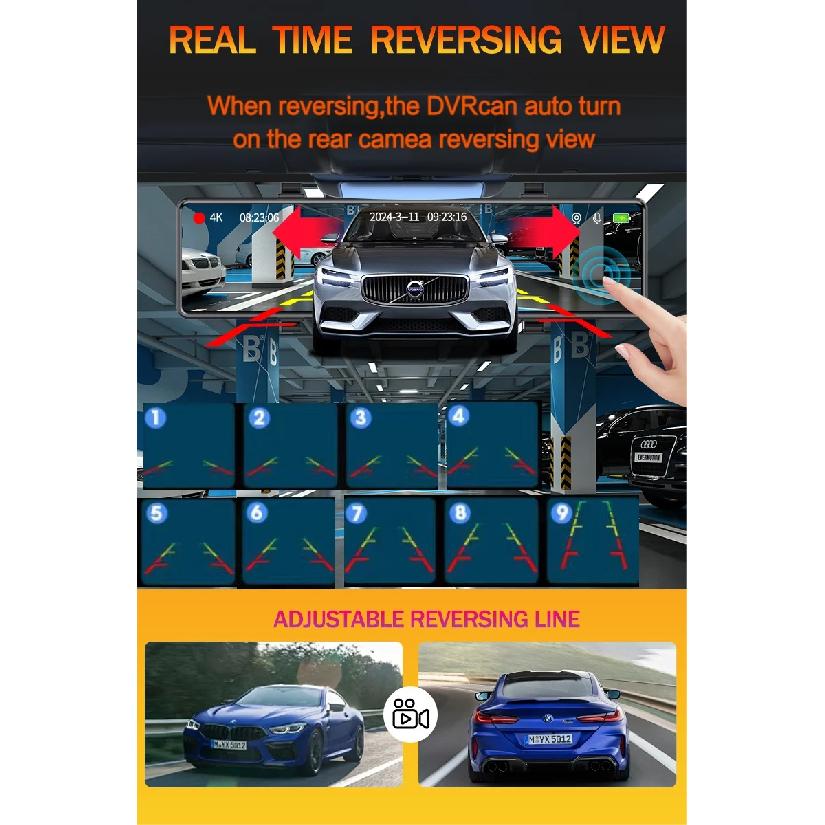 Aprilboy 12'' 4K Carplay&Android Auto Car DVR Dash Cam View Mirror Camera for Video Recorder Rearview Dash Cam 1080P Rear Camera