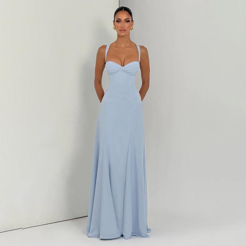 Abito Lungo Aderente Elegante da Donna Senza Maniche con Incrocio sulla Schiena Monocolore