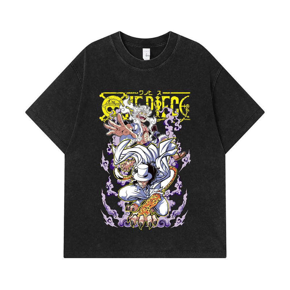 275 GSM Washed T-shirts 100% Cotton One Piece V64 Luffy Lucci Print Unisex Heavy Cotton T Shirt