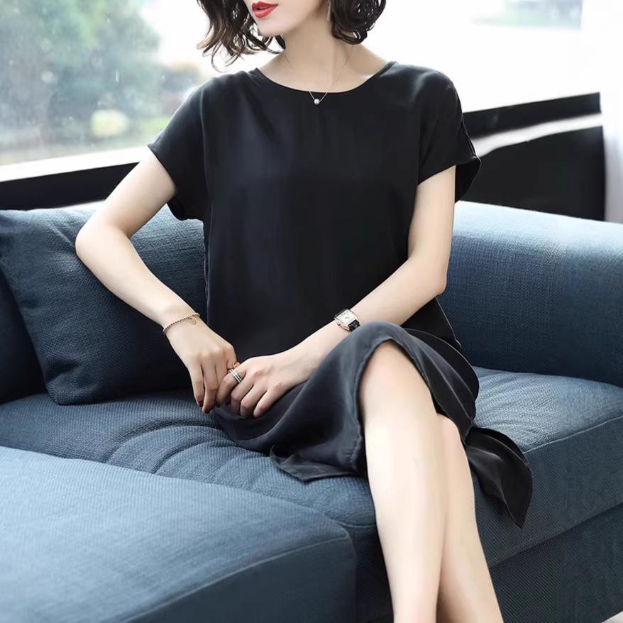 Women's Plus Size Elegant Solid Color Midi Dress - Loose Fit, Heavyweight Cupro Silk, Short Sleeve, 2026 Summer Collection