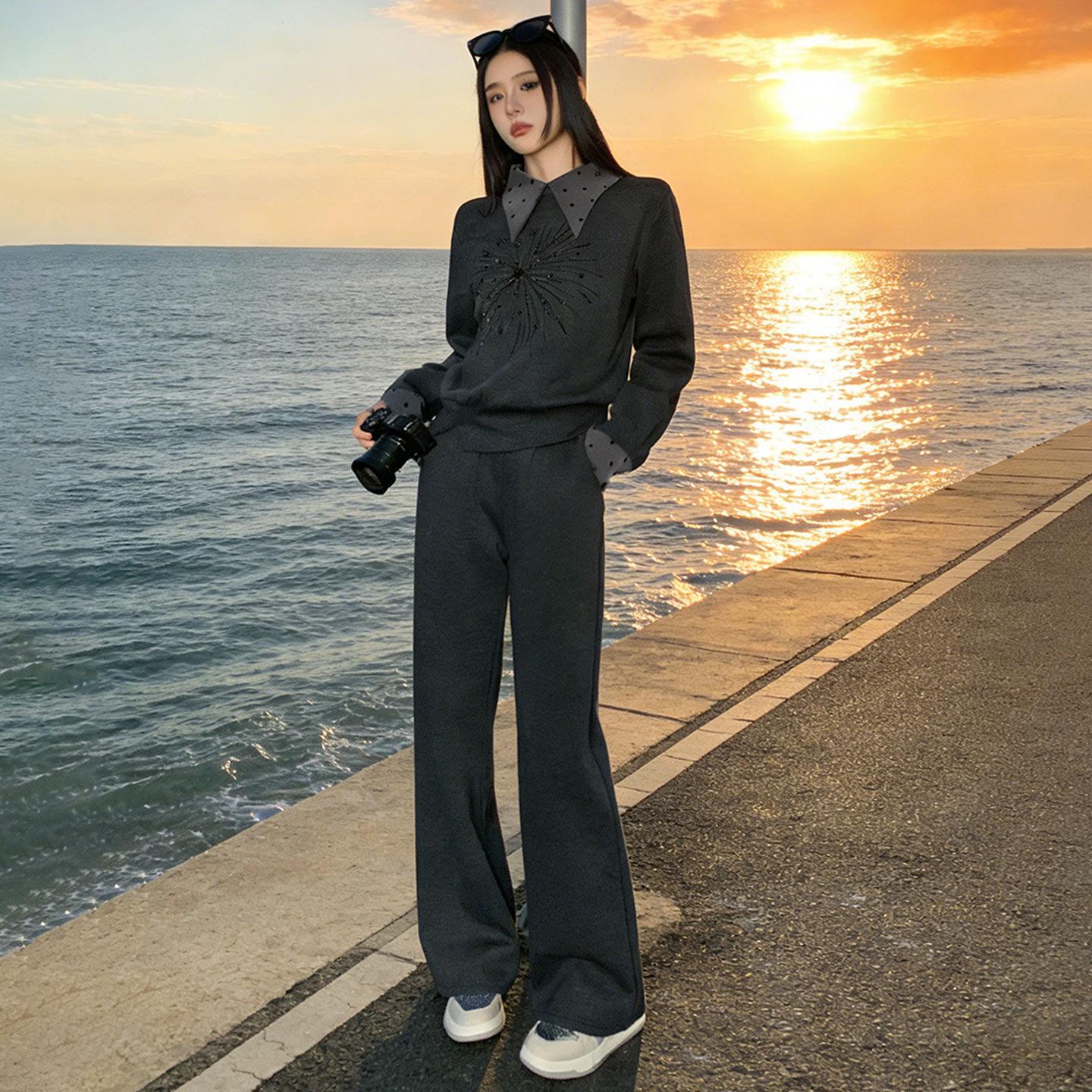 

European Style Women s Sporty Two-Piece Set: Spring/Autumn Hoodie & Wide-Leg Pants - Age-Reducing, High-End Fashion Double Extra Large