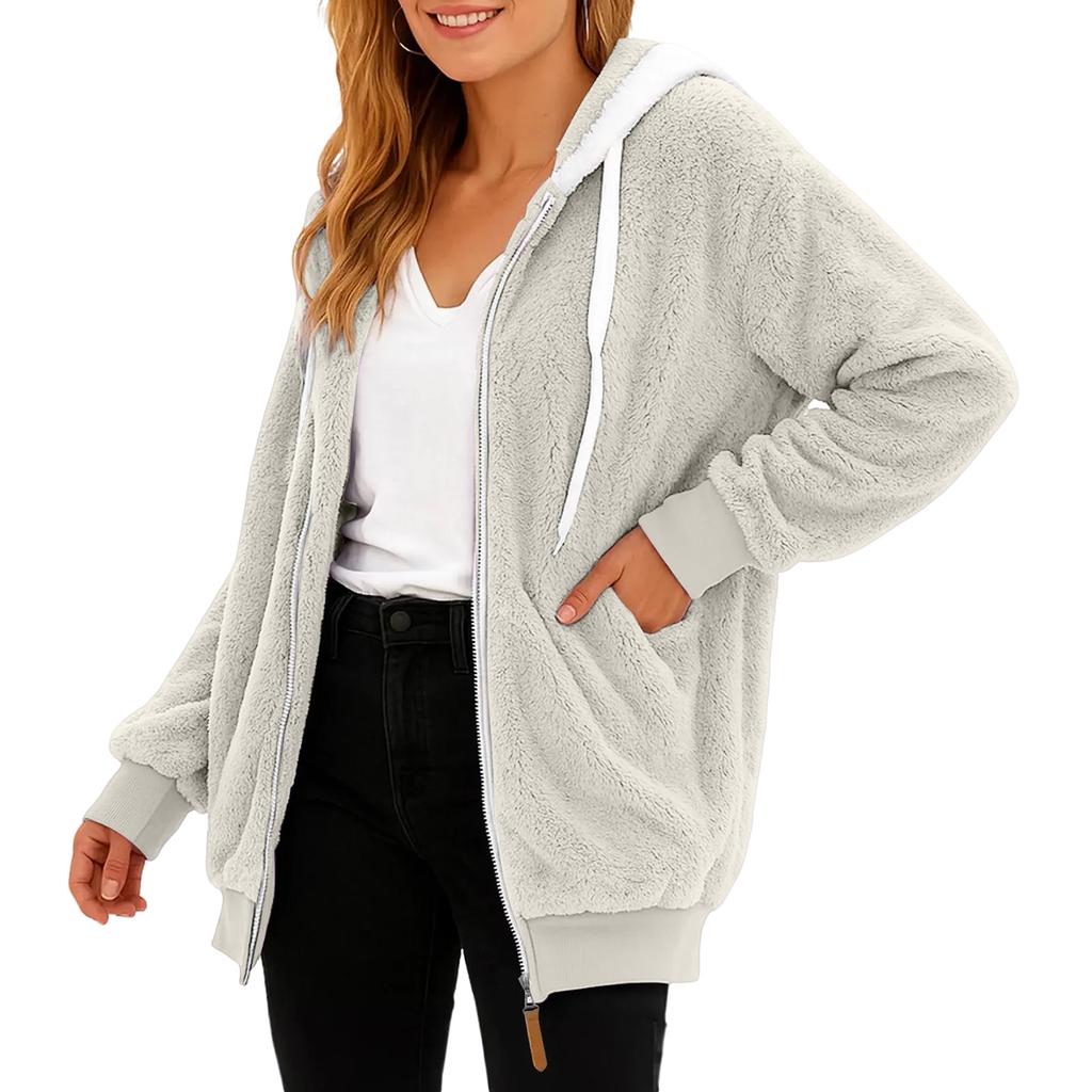 Women's Fashion Fuzzy Solid Color Zippered Pocket Hooded Long Sleeve Loose Warm Jacket