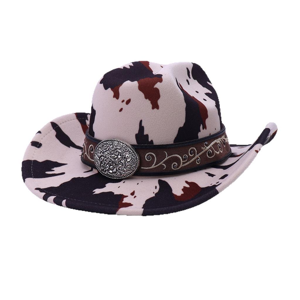 One-word cow pattern woolen top hat retro metal accessories western cowboy hat European and American sunshade retro jazz hat