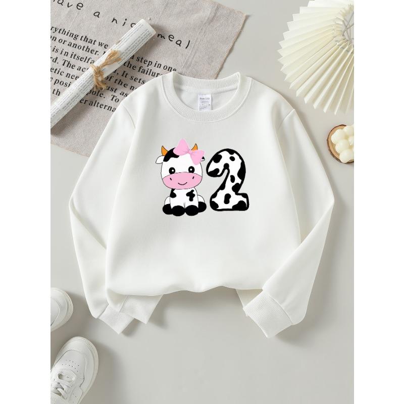 European Sizes Girls' Long-Sleeve Round Neck Sweatshirt "Cute Cow Number Two" Print, Spring/Autumn, Casual, Daily & Sports.