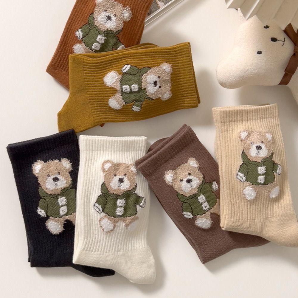 Cartoon Bear Patten Korean Style Socks Middle Tube Hosiery Girls Cotton Socks College Style Hosiery