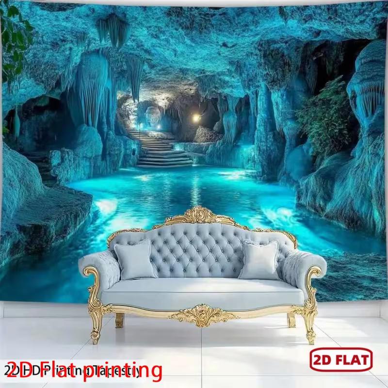 2D Fantasy Crystal Cave Tapestry, Mystical Lake Scenery for Bedroom