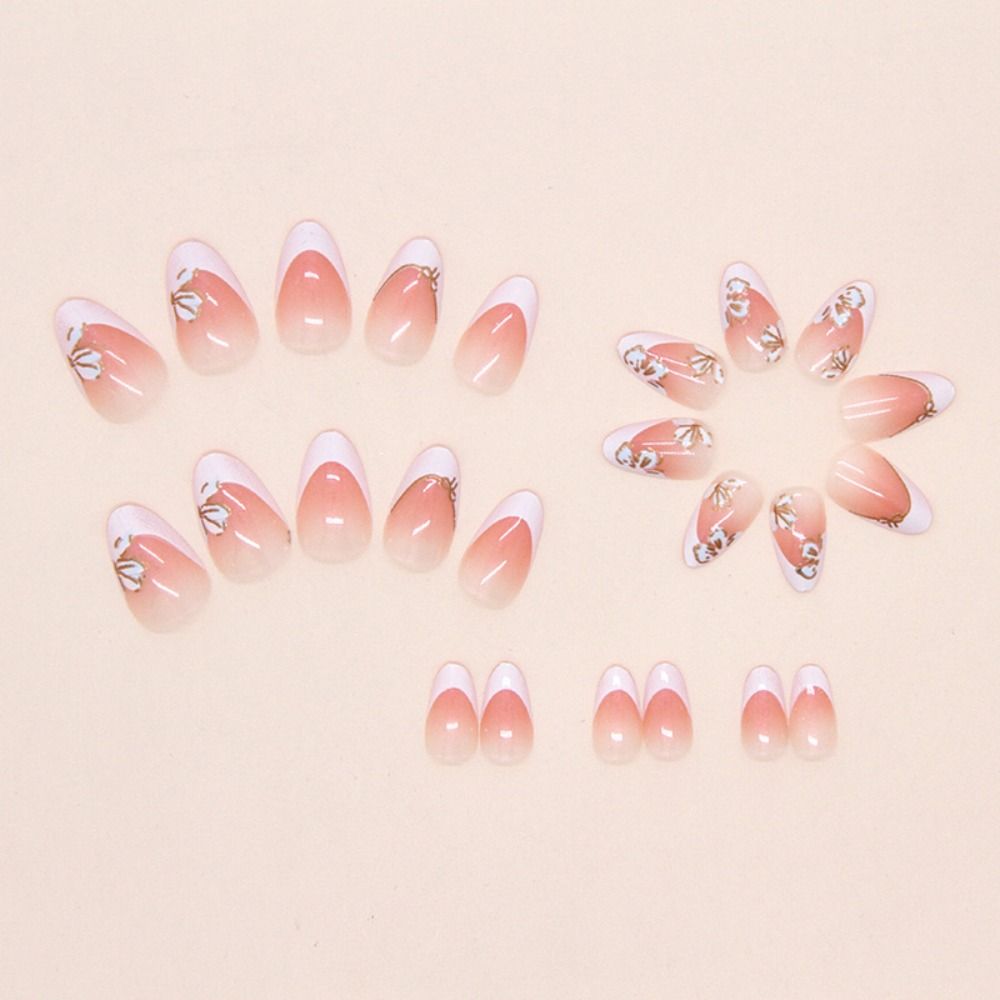 24pcs Long Almond False Nails French White Edge Aurora Butterfly Strawberry Press on Nails Starry Golden Ripple Detachable