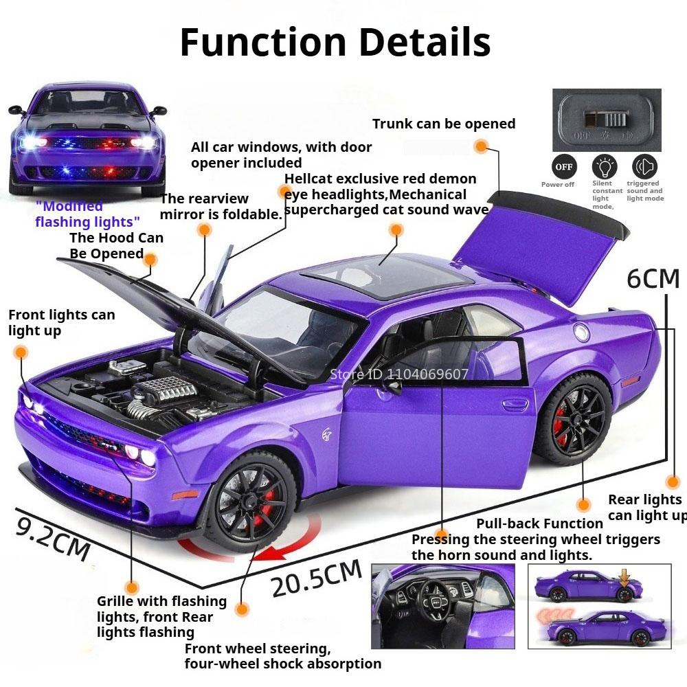 1:24 Charger SRT Hellcat Toy Car Model Wheel Steering Shock Absorption Sports Cars Models Toys Collectible Item for Kids