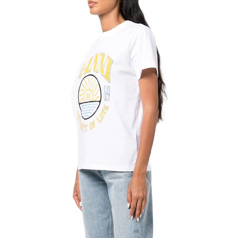 Ganni University Of Love Logo Print Cotton Crew Neck Short Sleeve T-Shirt Women tops White T3264-151
