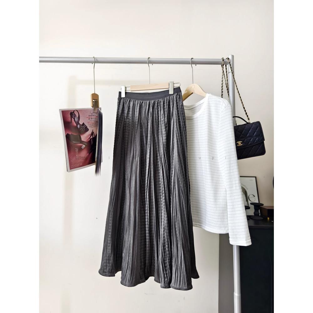 DIMANAF 2025 Autumn New Women Skirts Solid Plaid Loose Elastic Waist Pleated Elegant Long Skirts Red