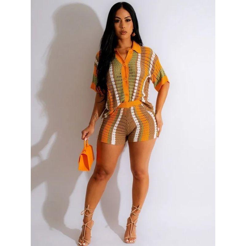 

Комплекты рубашки и шорт с цветными блоками, контрастные лацканы, костюм из рубашки и шорт для женщин Orange XL