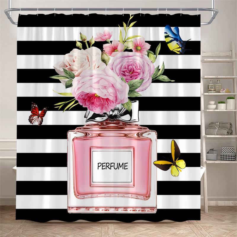 Floral Perfume Shower Curtains Pink Flower Butterfly Red High Heel Black White Stripe Fashion bath Curtain Fabric Bathroom Decor