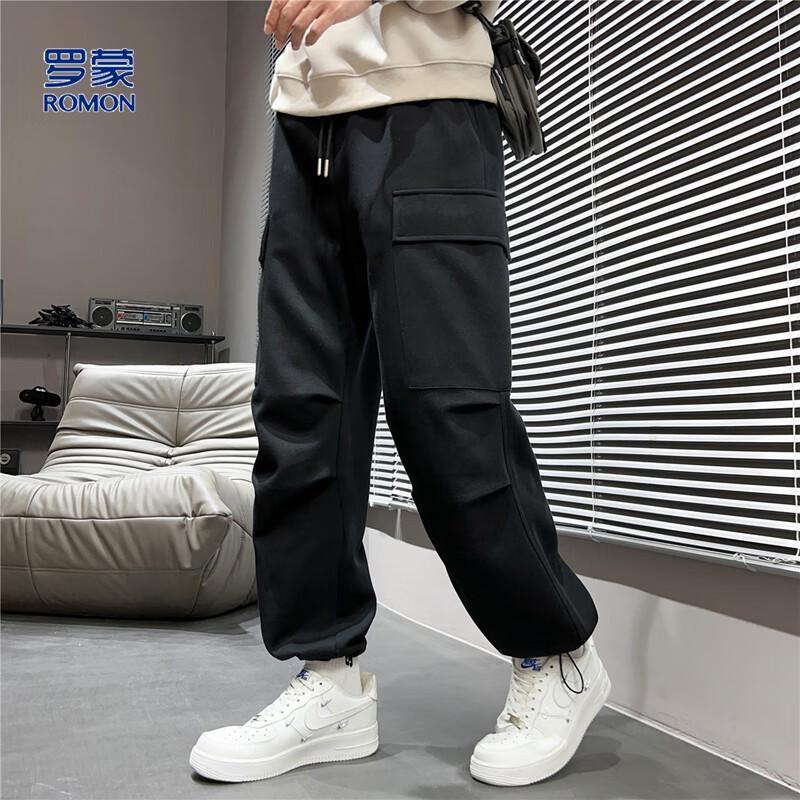 ROMON Men's Solid Color Drawstring Casual Long Pants