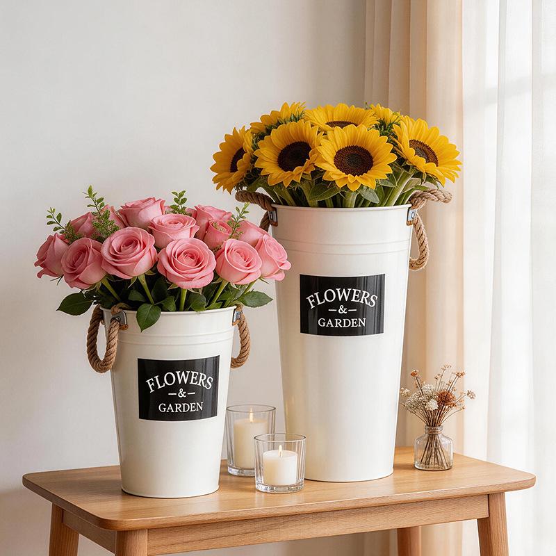 Cream White Floral Water-Holding Tin Bucket for Arrangements with Artificial or Dried Flowers