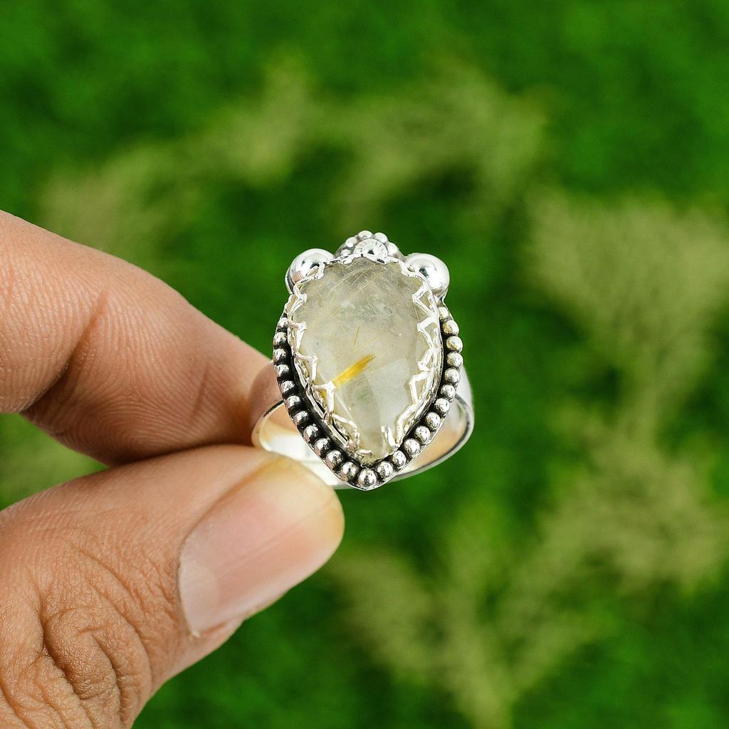 925 Sterling Silver Pear Natural Golden Rutile Multi Stone Daughter Ring Jewelry