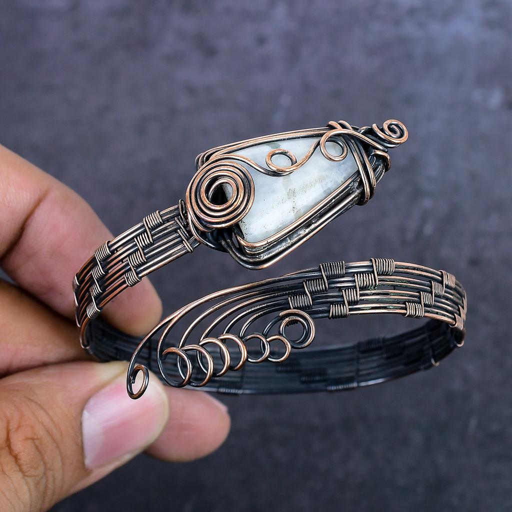Moonstone Gemstone Handmade Copper Wire Wrap Cuff Bangle Adjustable ET-4973