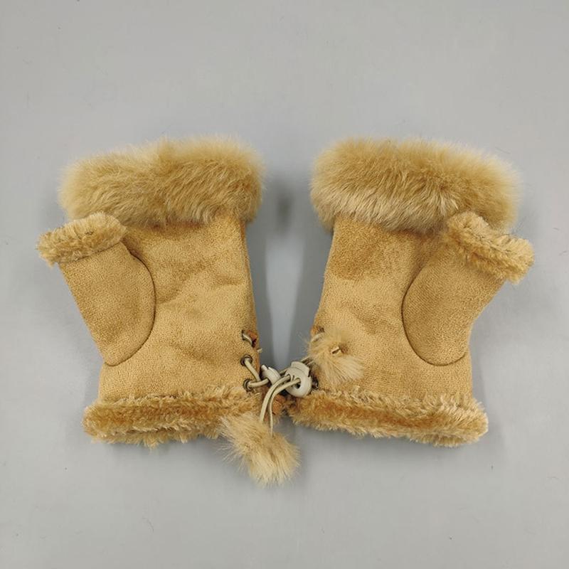 Half Finger Gloves Faux Rabbit Fur Gloves Fleece Lined Warm Gloves Solid Color Winter Thick Gloves Fingerless Mittens
