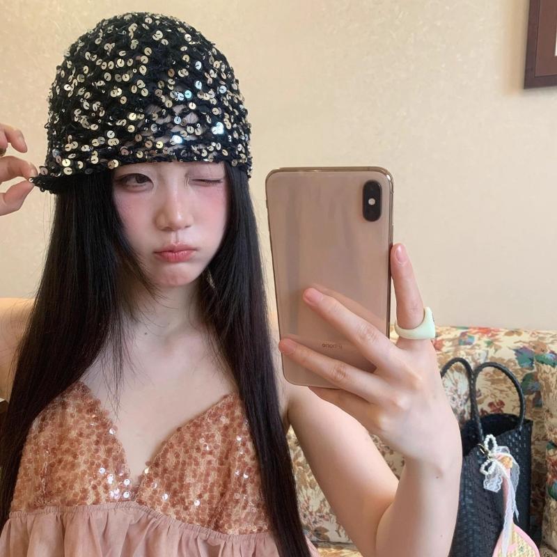 Vintage Sequined Hollow Pullover Hats Women Summer Autumn Travel Photo Atmosphere Versatile Casual Y2K Knit Beanie Hat