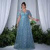 Elegant Blue Deep V-Neck Swing Dress - Long Skirt
