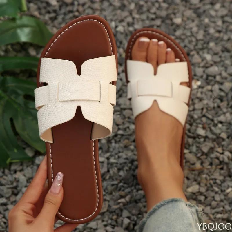 Solid Color Classic Round Headed Flat Bottom Women's Slippers 2025 Summer Casual Simple Versatile Open Toe Comfortable Sandals