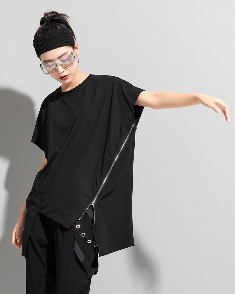 Morino Asymmetrical Zip Drop for Men and Modern T-Shirt, Shoulder, Sleeveless, Oversized, Flattering, Unisex, Women, V-kei, Style, Black/White (Black)