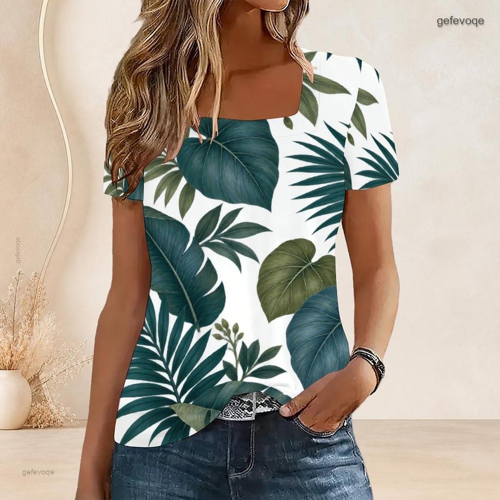 Women Plus Size U Neck Short Sleeve Tropical Leaf Printed White Curved Hem T Shirt