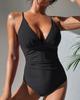 Women One Piece Swimsuit V Neck High Cut Leg Ruched Backless Sexy Bathing Suit Solid Color Summer Beach Swimwear