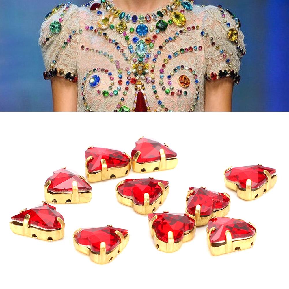 10pcs Red Imitation Crystal Stones Ornament Heart Shaped with Claw DIY Jewelry Clothing Decoration 12 X 13mm