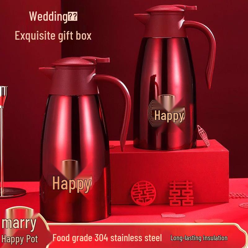 Wedding Dowry Red Insulated Thermos Flask Set - Pair of 304 Stainless Steel Kettles with Cups
