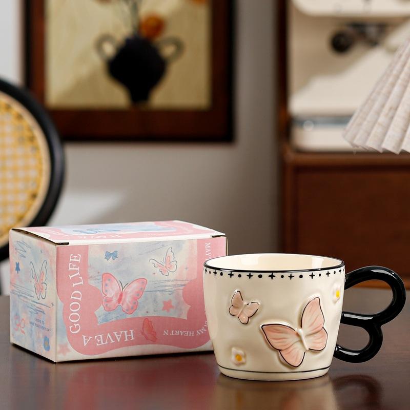 Retro Butterfly Mug With Spoon Cute Couple Ceramic Coffee Cup Girl Bow Gift Girl Water Cup 400ml