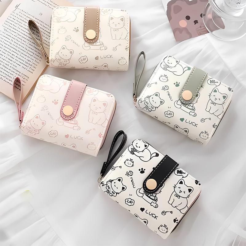 Japanese Cute Cat Pattern Wallet Simple Multi-Functional Short Wallet For Women