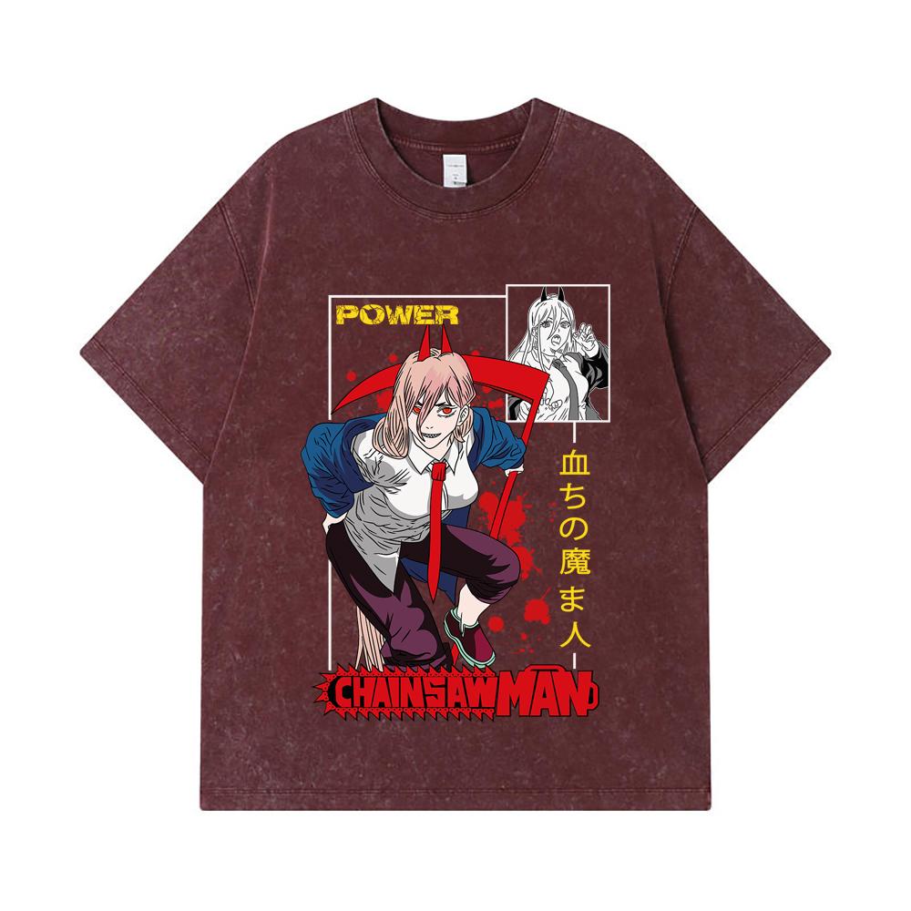 275 GSM Washed T-shirts 100% Cotton Chainsaw Man V40 Power Print Unisex Heavy Cotton T Shirt