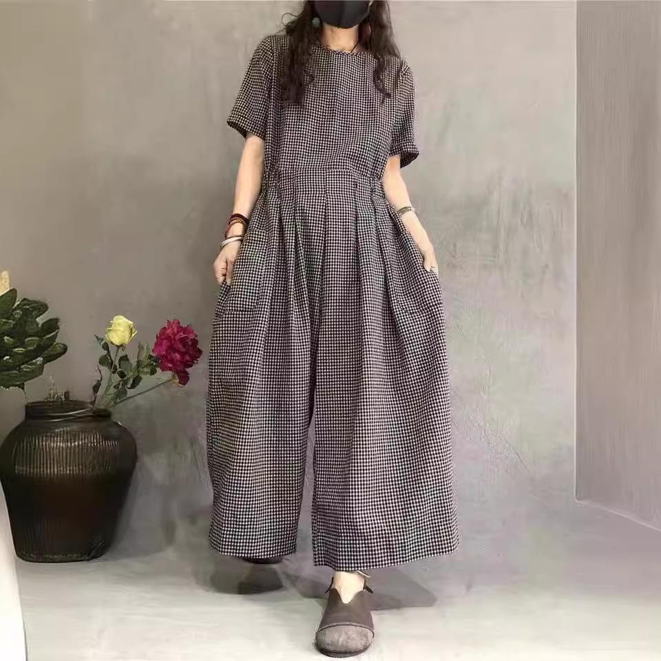Short Sleeve Wide Leg Overalls Pleated Waist O Neck Loose Casual Gingham Jumpsuits Fashion Women Long