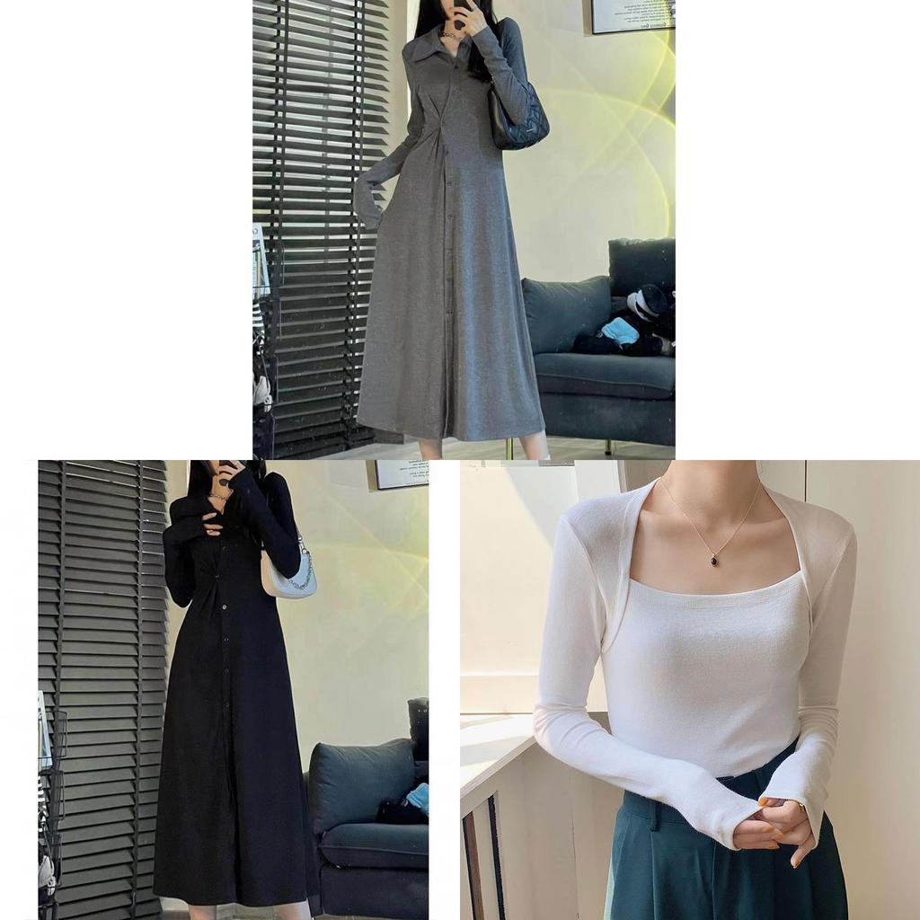 French Elegant Long Sleeve Dress With Knit Fabric For Casual And Office Wear