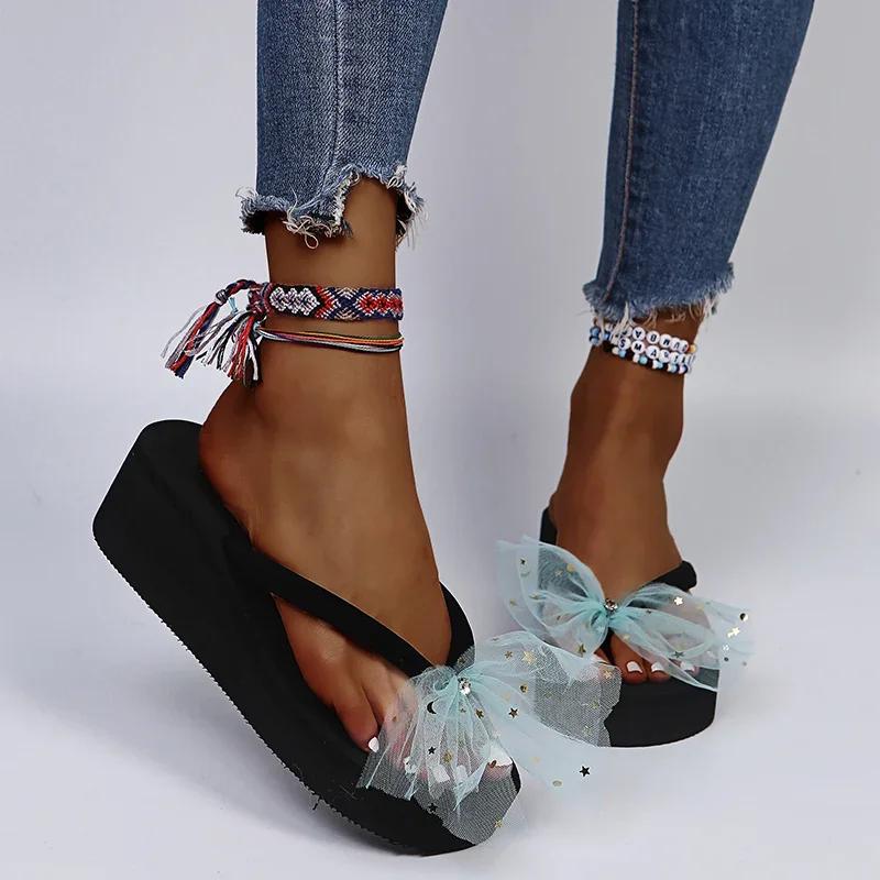 Fashion Summer Colorful Mesh Bowknot Flip Flops for Women Star Sequins Wedges Clip Toe Sandals Woman Lightweight Platform Beach Slippers