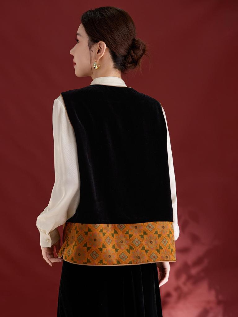 Xiangyunsha Women's Retro Silk Velvet Color Block Vest 1737