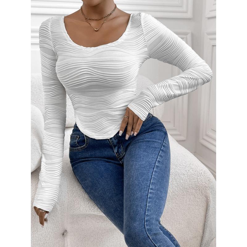 Fashion Elegant Long Sleeve Pleated Sexy Women T-Shirt Slim Fit New Crew Neck Curved Texture Office Crop Blouse Spring and Autumn Irregular Shirt Tops
