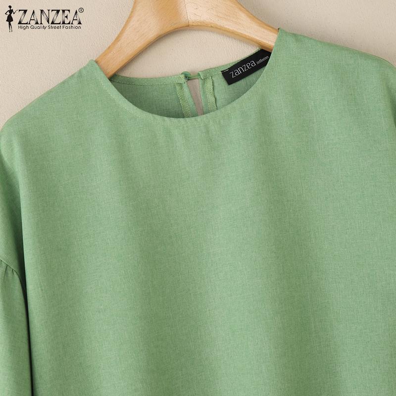 ZANZEA Women Casual Round Neck Solid Color 3/4 Sleeve Loose Blouse
