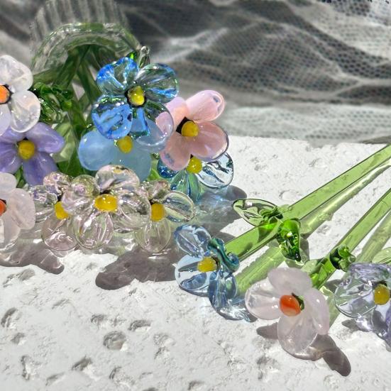 Hand Blown Mini Glass Flower Figurine Collectible Miniature Faux Crystal Flower Ornaments for Mothers Day Birthday Table Centerpiece DIY Craft