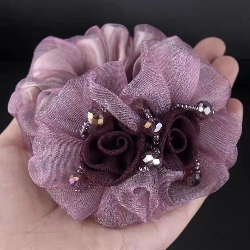 Vintage-Inspired Floral Scrunchie - Mixed Color Fabric Hair Tie for Women, Elegant Ponytail Holder