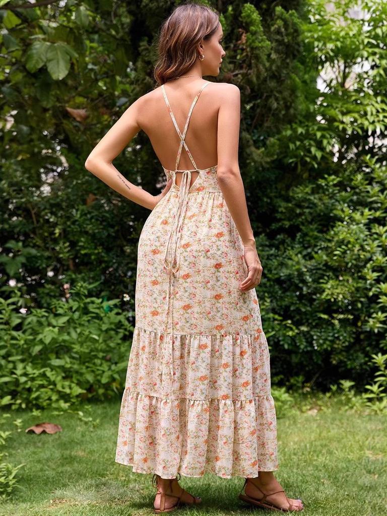 2026 Summer Elegant Floral Deep V Spaghetti Strap Dress - Women's Waist-Cinching Wide Hem for Holiday Style