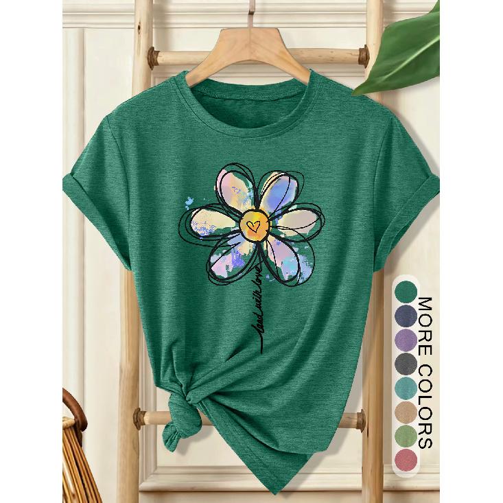 Women's Elegant Style Plus Size Loose Short Sleeve Watercolor Daisy Hand-Painted Print Pattern Round Neck Women's Comfortable Soft Breathable New