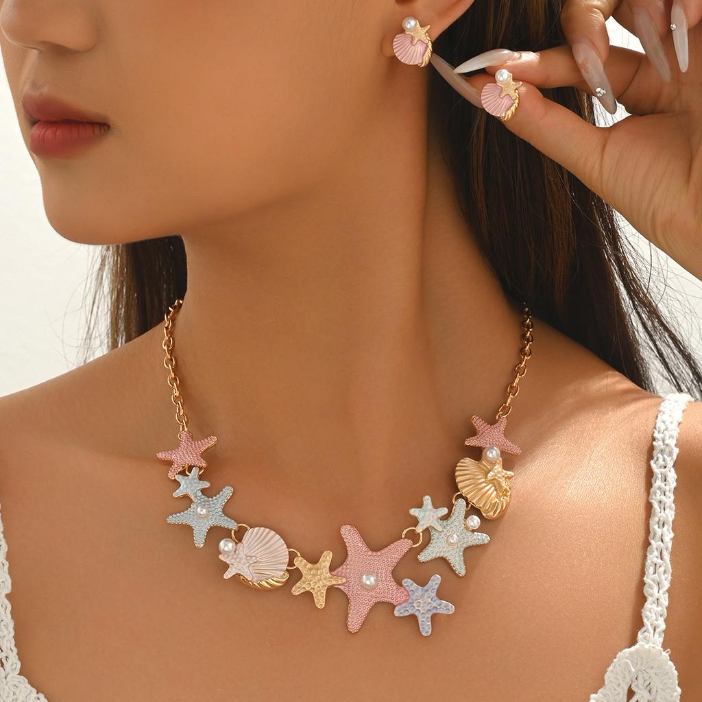 European and American ocean style necklace, geometric starfish shell inlaid with pearl design earrings versatile jewelry set