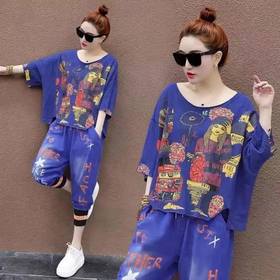 Women  2PC Summer Suit Big Yards T-shirt Pants Two-piece Comfortable Short-sleeved Top and Longs Pants Loose Casual Suit